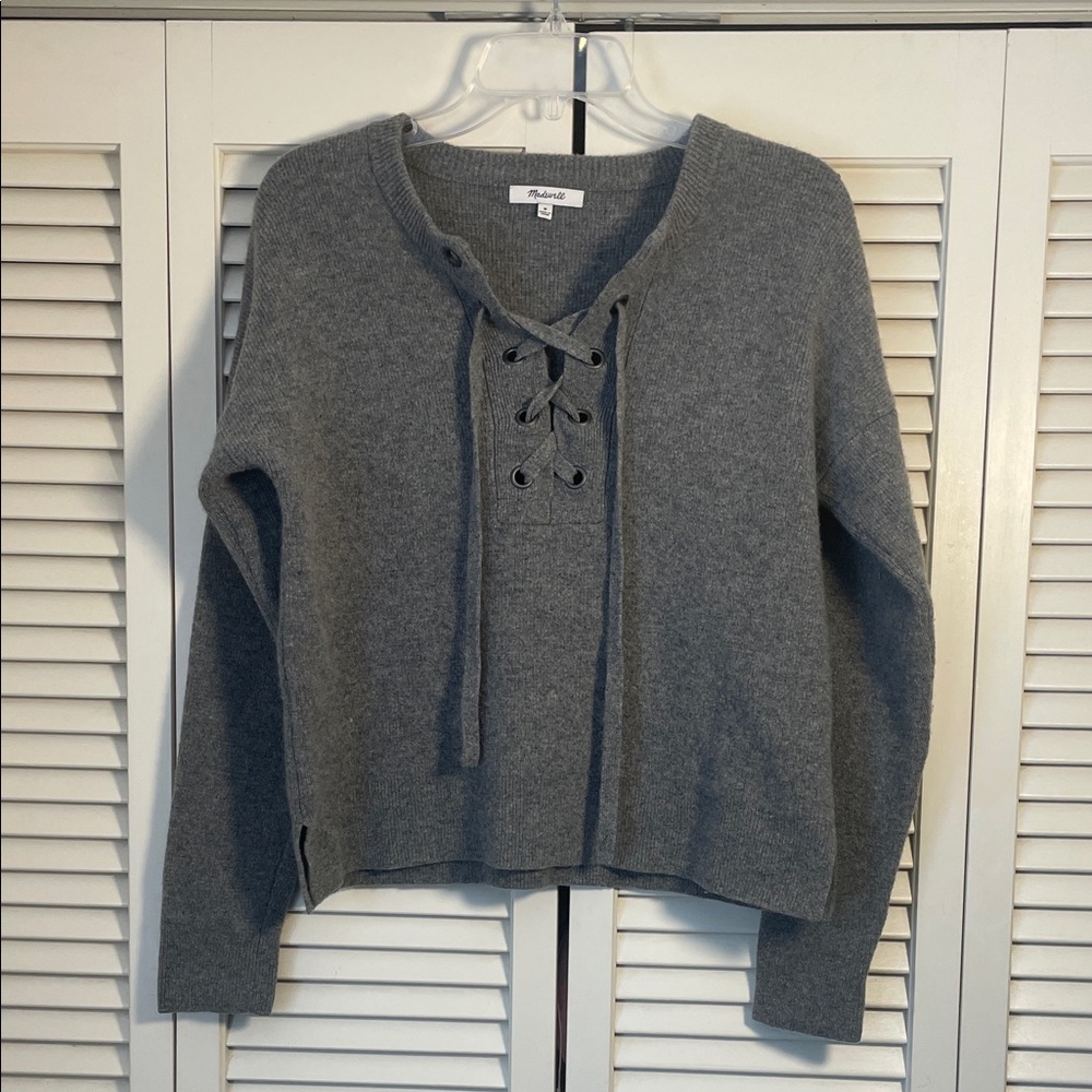 Madewell Lace-Up pullover Sweater Sz M gray 100% merino wool cropped